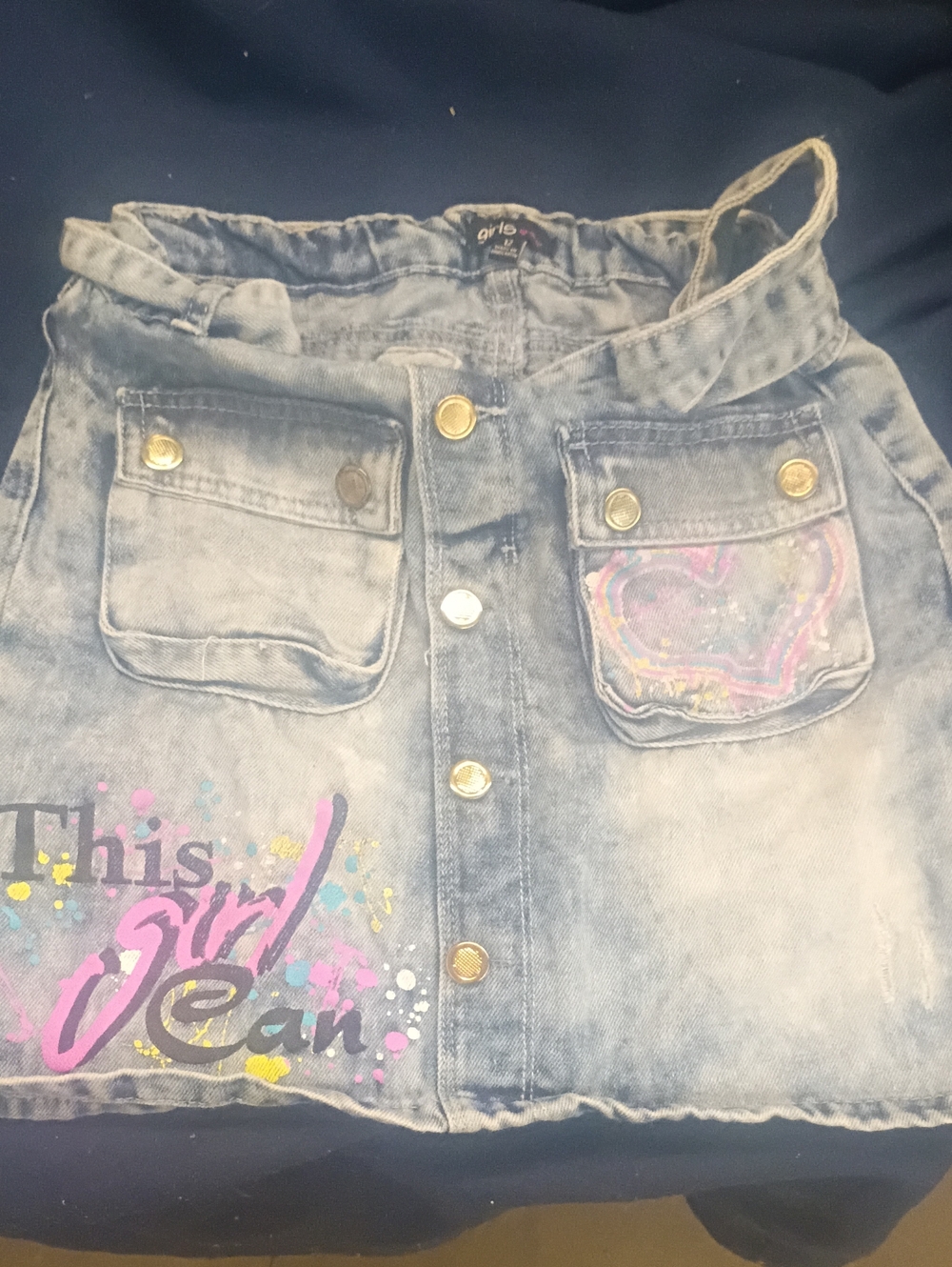 The Girls Blue Denim Button-Front Skirt with Pink Graphic Accents